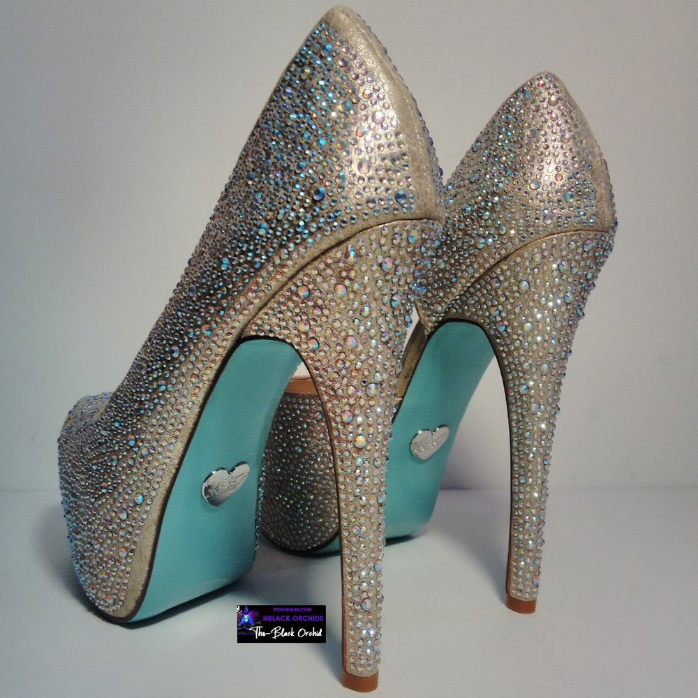 BETSEY JOHNSON 7 STAR SPARKLY RHINESTONE PLATFORM HEELS blue collection - Picture 5 of 16